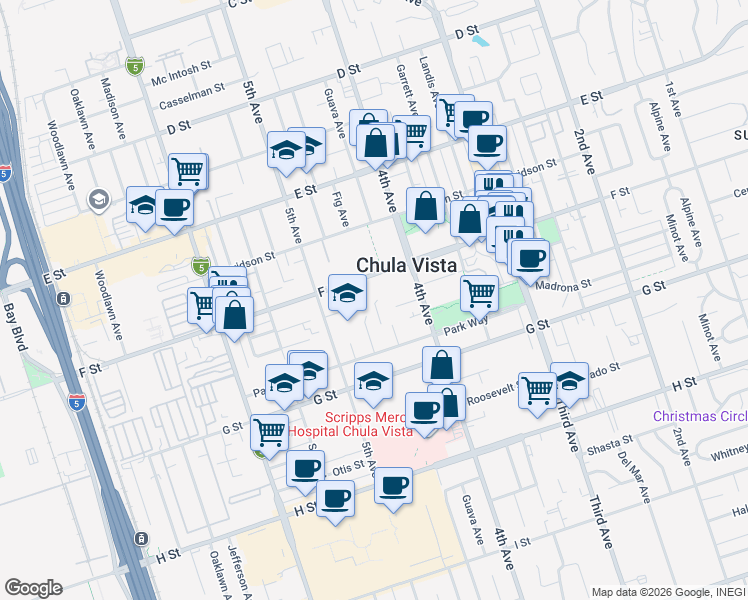 map of restaurants, bars, coffee shops, grocery stores, and more near 335 Brightwood Avenue in Chula Vista