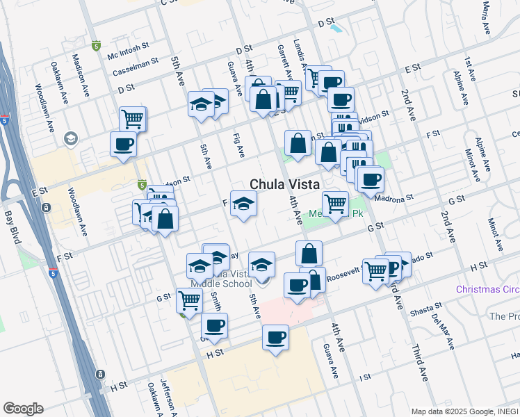 map of restaurants, bars, coffee shops, grocery stores, and more near 335 Brightwood Avenue in Chula Vista