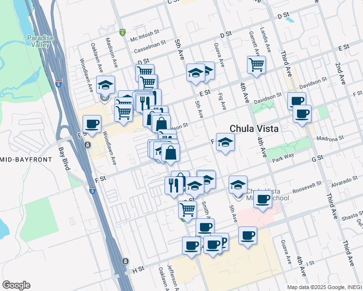map of restaurants, bars, coffee shops, grocery stores, and more near 293 Beech Avenue in Chula Vista