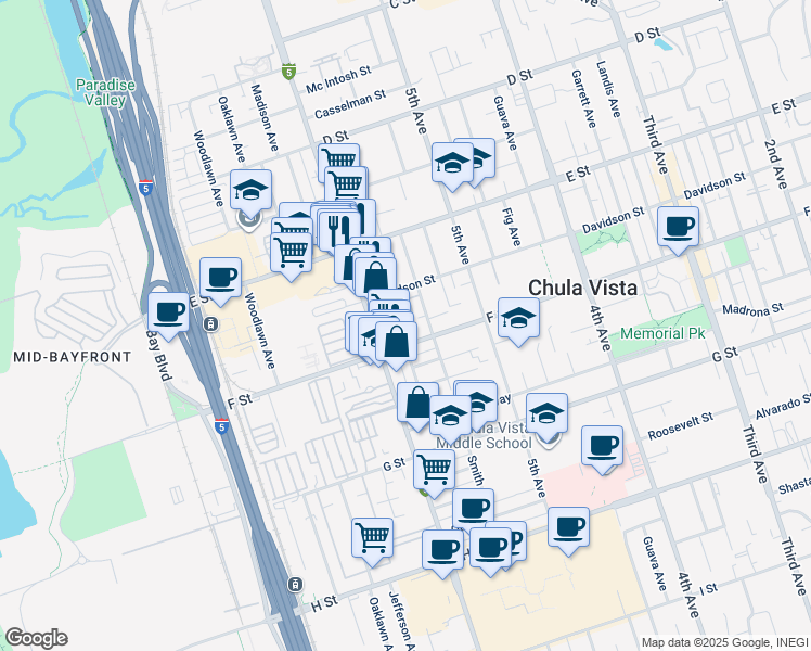map of restaurants, bars, coffee shops, grocery stores, and more near 286 Ash Avenue in Chula Vista