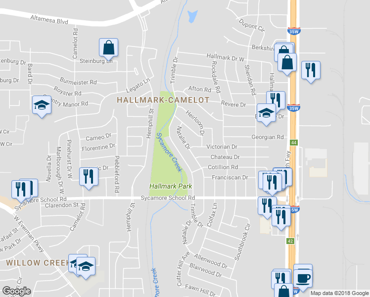 map of restaurants, bars, coffee shops, grocery stores, and more near 7408 Natalie Drive in Fort Worth