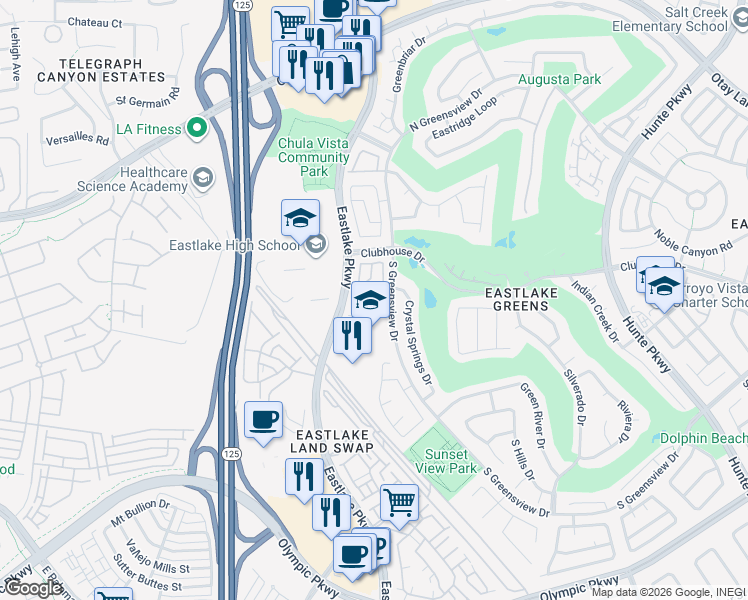 map of restaurants, bars, coffee shops, grocery stores, and more near 1220 South Greensview Drive in Chula Vista