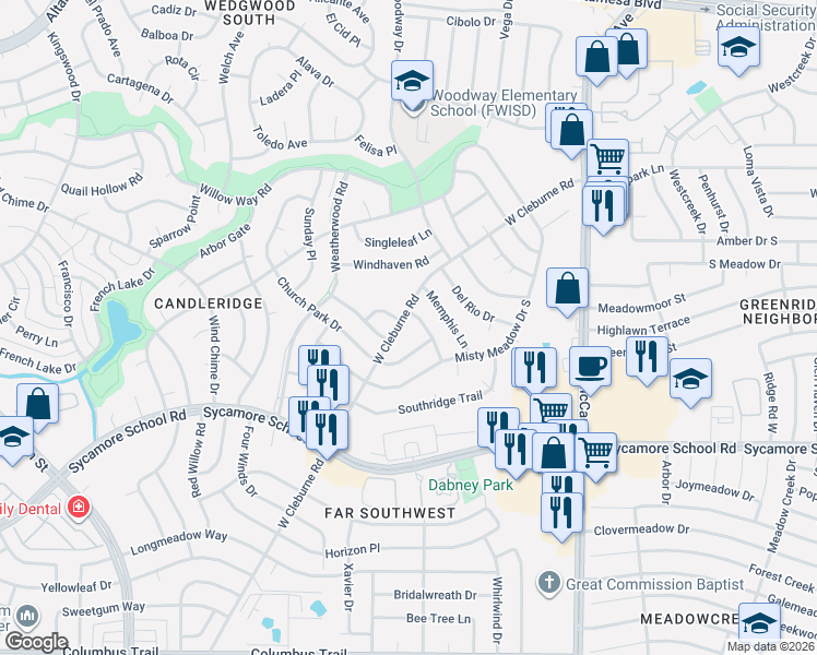 map of restaurants, bars, coffee shops, grocery stores, and more near 7221 West Cleburne Road in Fort Worth