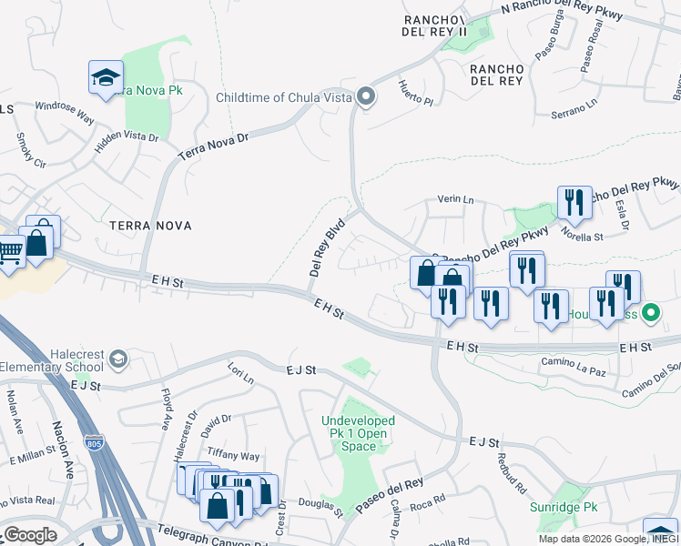 map of restaurants, bars, coffee shops, grocery stores, and more near 901 Caminito Estrella in Chula Vista