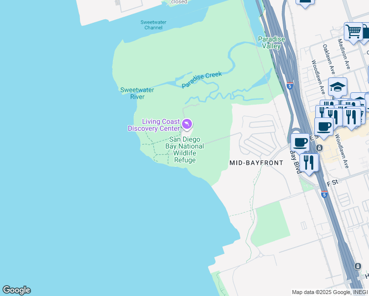 map of restaurants, bars, coffee shops, grocery stores, and more near 1080 Gunpowder Point Drive in Chula Vista