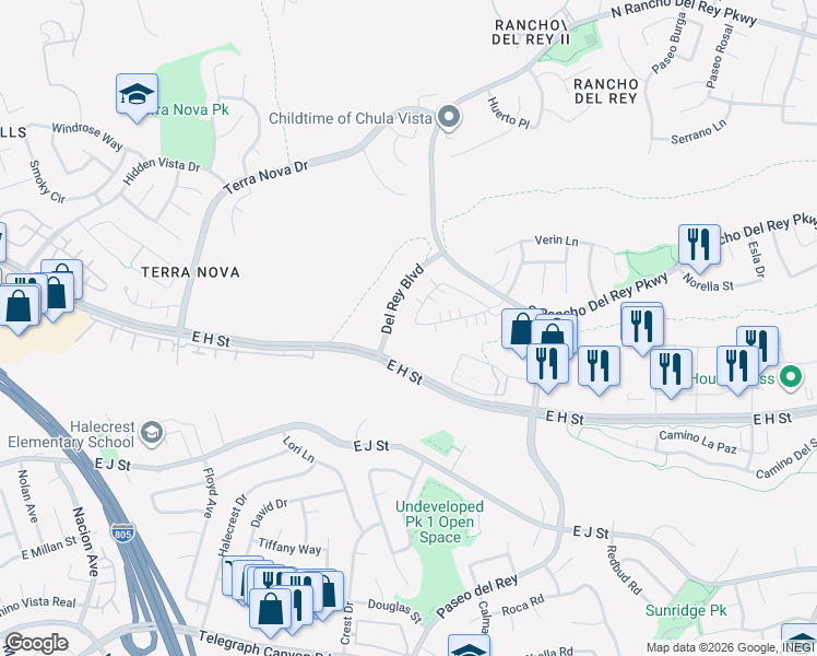 map of restaurants, bars, coffee shops, grocery stores, and more near 869 Caminito Estrella in Chula Vista