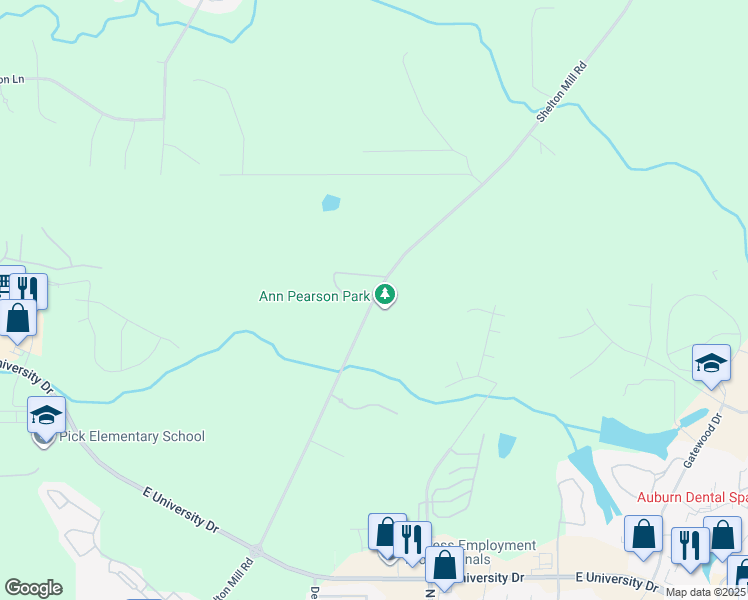 map of restaurants, bars, coffee shops, grocery stores, and more near Shelton Mill Road in Auburn