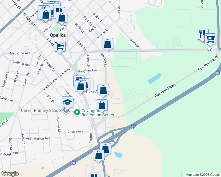 map of restaurants, bars, coffee shops, grocery stores, and more near 1375 McCoy Street in Opelika