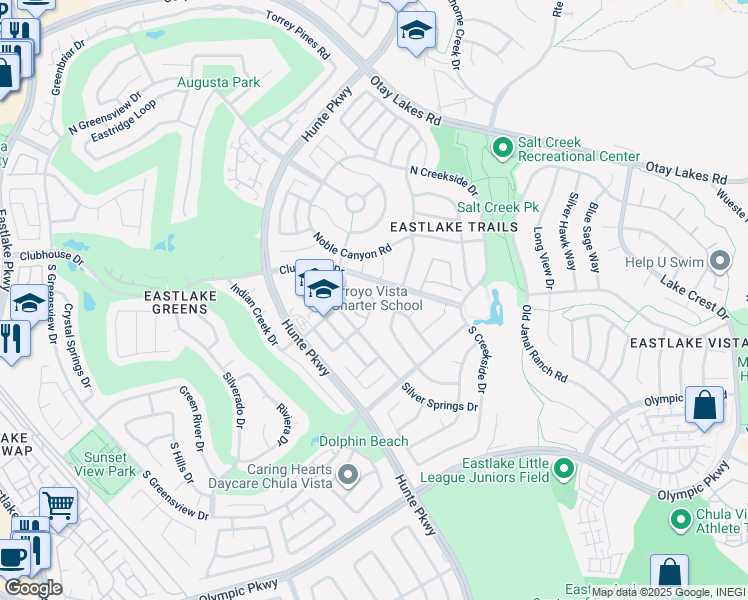 map of restaurants, bars, coffee shops, grocery stores, and more near 2573 Garnet Peak Road in Chula Vista