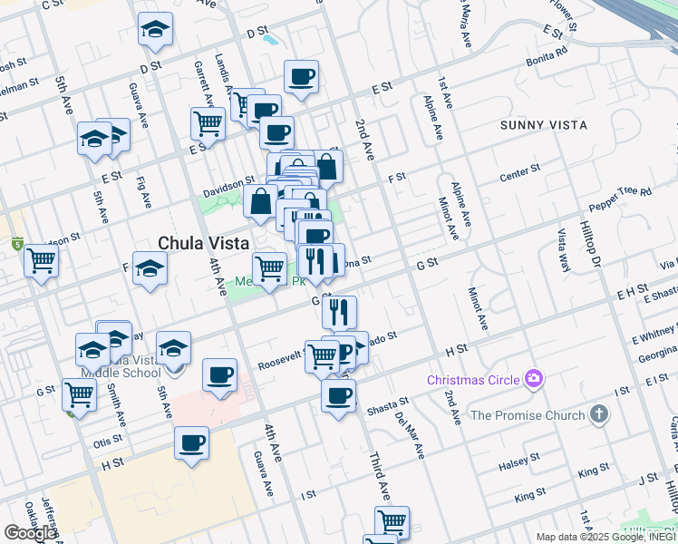 map of restaurants, bars, coffee shops, grocery stores, and more near 287 G Street in Chula Vista