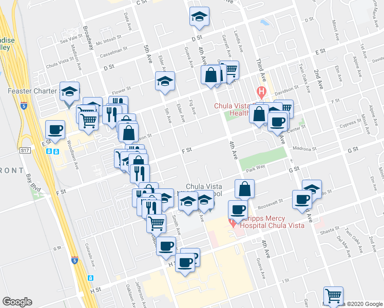 map of restaurants, bars, coffee shops, grocery stores, and more near 483 Center Street in Chula Vista