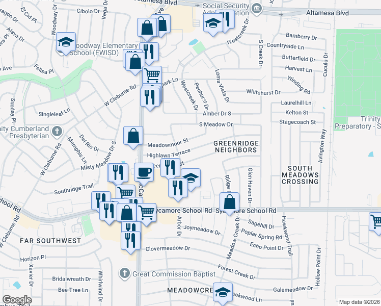 map of restaurants, bars, coffee shops, grocery stores, and more near 3115 Green Ridge Street in Fort Worth