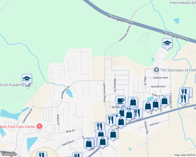 map of restaurants, bars, coffee shops, grocery stores, and more near 3855 Academy Drive in Opelika