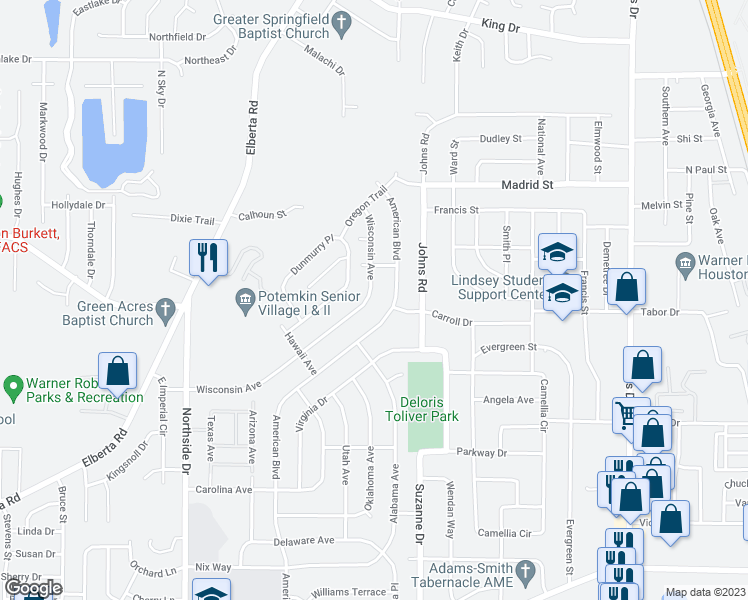 map of restaurants, bars, coffee shops, grocery stores, and more near 328 Wisconsin Avenue in Warner Robins