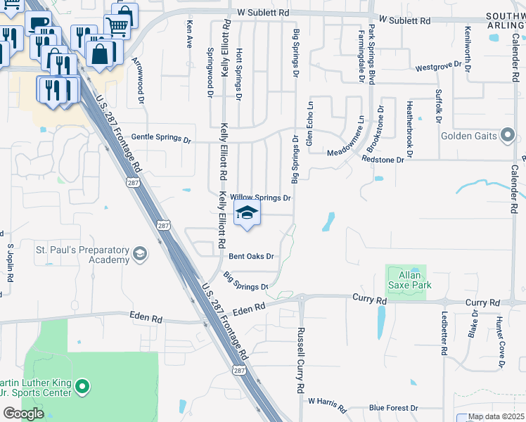 map of restaurants, bars, coffee shops, grocery stores, and more near 4115 Cypress Springs Drive in Arlington