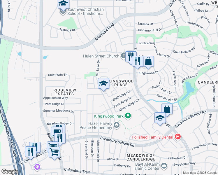 map of restaurants, bars, coffee shops, grocery stores, and more near 7316 Savoy Drive in Fort Worth