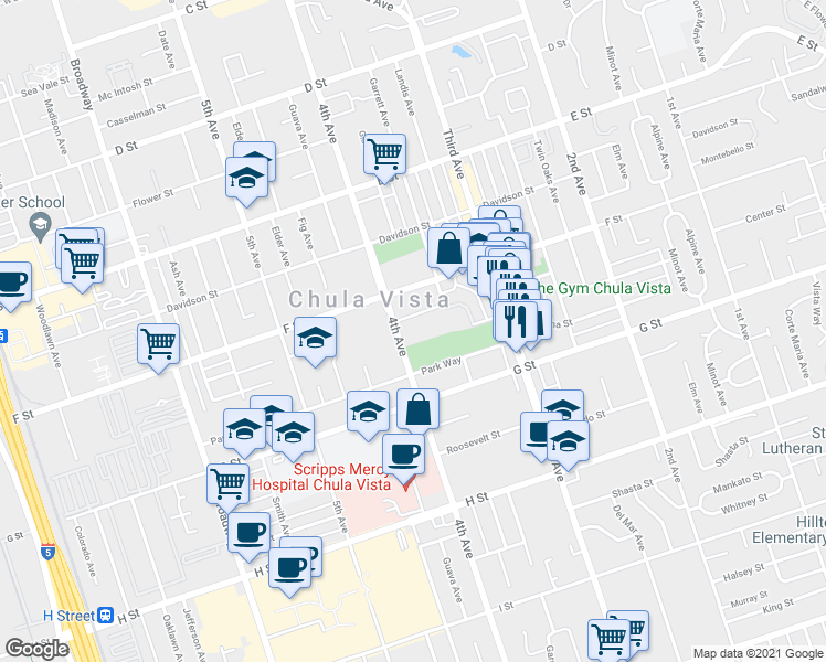 map of restaurants, bars, coffee shops, grocery stores, and more near 373 Park Way in Chula Vista