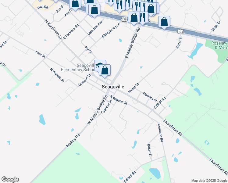 map of restaurants, bars, coffee shops, grocery stores, and more near 150 South Watson Street in Seagoville