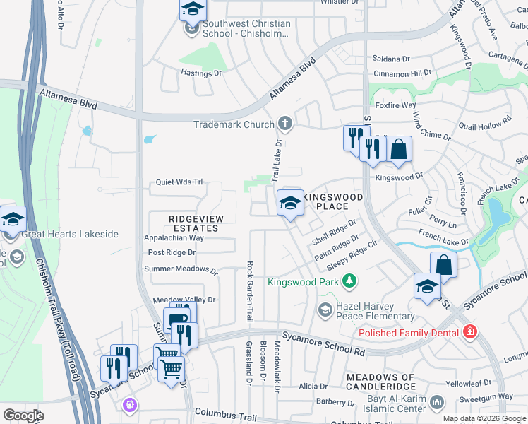 map of restaurants, bars, coffee shops, grocery stores, and more near 5035 Mountain Spring Trail in Fort Worth