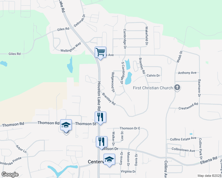 map of restaurants, bars, coffee shops, grocery stores, and more near 105 Brantley Road in Warner Robins