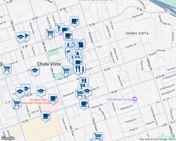 map of restaurants, bars, coffee shops, grocery stores, and more near 250 G Street in Chula Vista