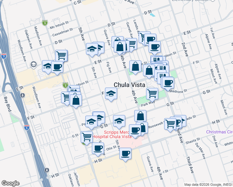 map of restaurants, bars, coffee shops, grocery stores, and more near 452 F Street in Chula Vista