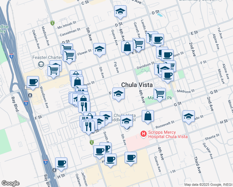 map of restaurants, bars, coffee shops, grocery stores, and more near 478 F Street in Chula Vista