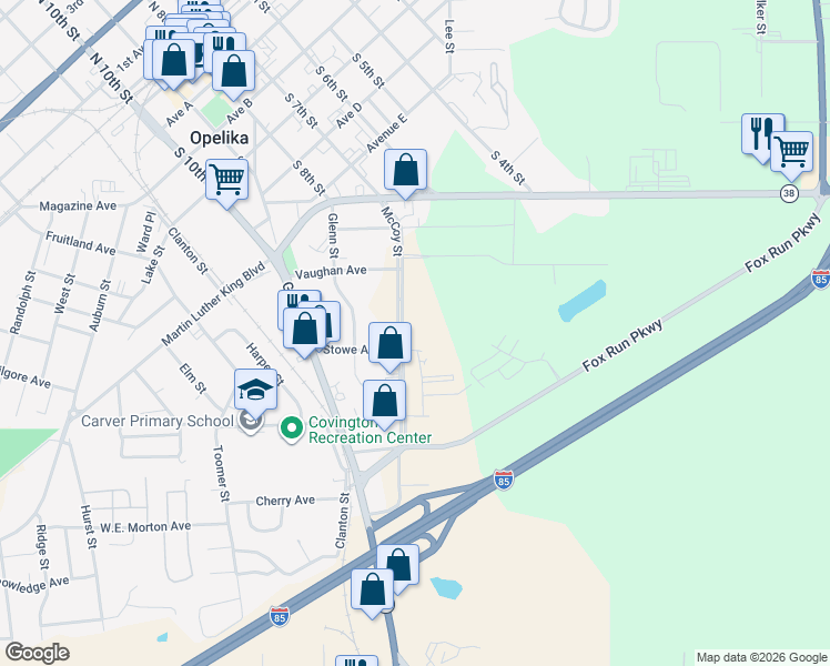 map of restaurants, bars, coffee shops, grocery stores, and more near 1555 McCoy Street in Opelika