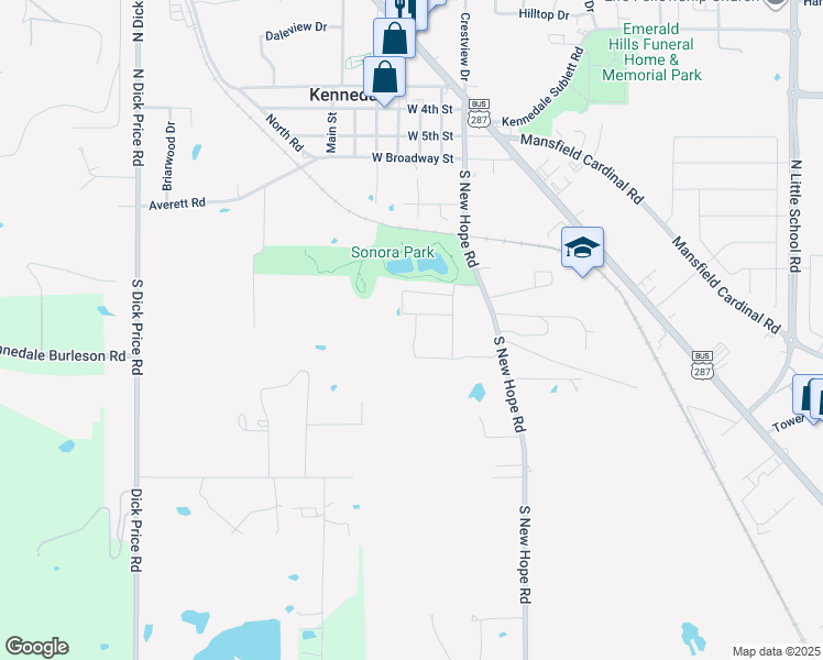 map of restaurants, bars, coffee shops, grocery stores, and more near 250 South New Hope Road in Kennedale
