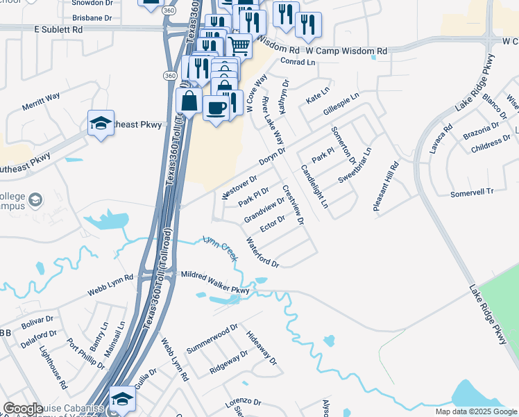 map of restaurants, bars, coffee shops, grocery stores, and more near 2848 Grandview Drive in Grand Prairie