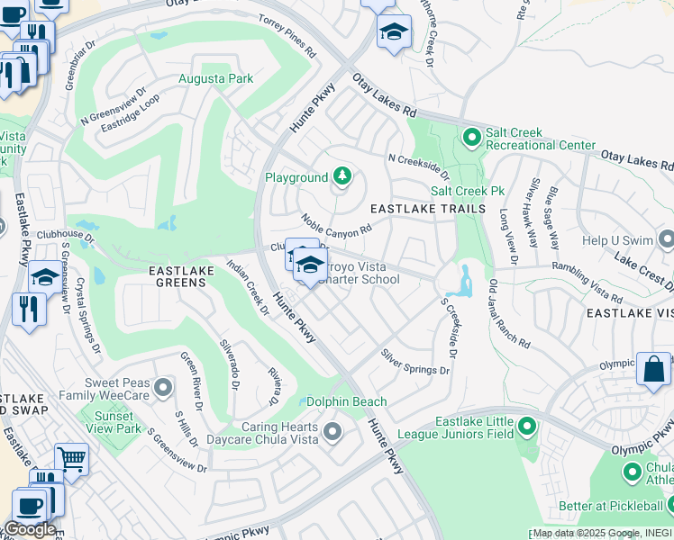 map of restaurants, bars, coffee shops, grocery stores, and more near 1306 Silver Springs Drive in Chula Vista