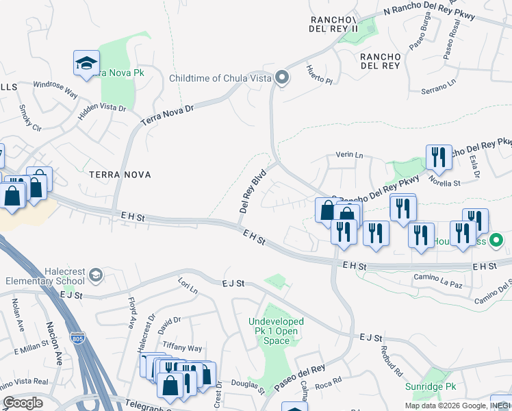 map of restaurants, bars, coffee shops, grocery stores, and more near 869 Caminito Estrella in Chula Vista
