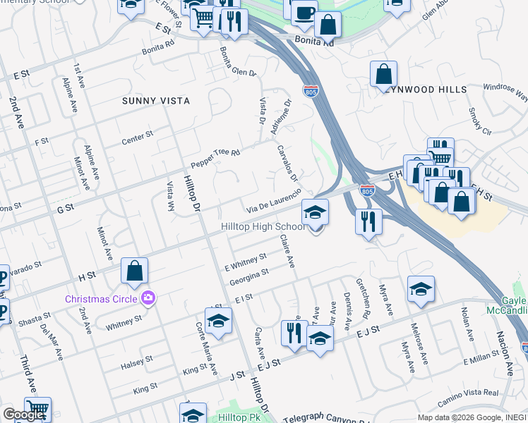 map of restaurants, bars, coffee shops, grocery stores, and more near in Chula Vista