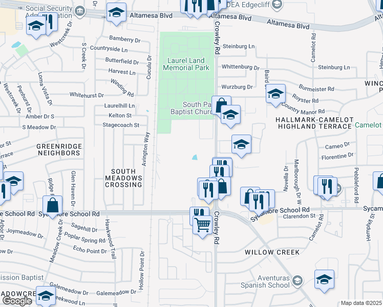 map of restaurants, bars, coffee shops, grocery stores, and more near 7560 Crowley Road in Fort Worth