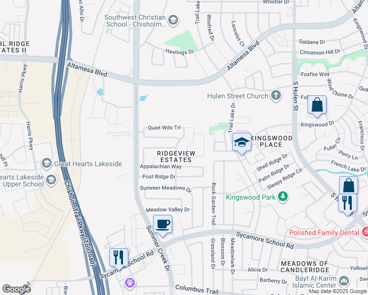 map of restaurants, bars, coffee shops, grocery stores, and more near 7252 Windy Ridge Drive in Fort Worth