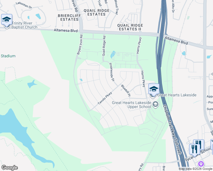 map of restaurants, bars, coffee shops, grocery stores, and more near 7529 Pondview Lane in Fort Worth