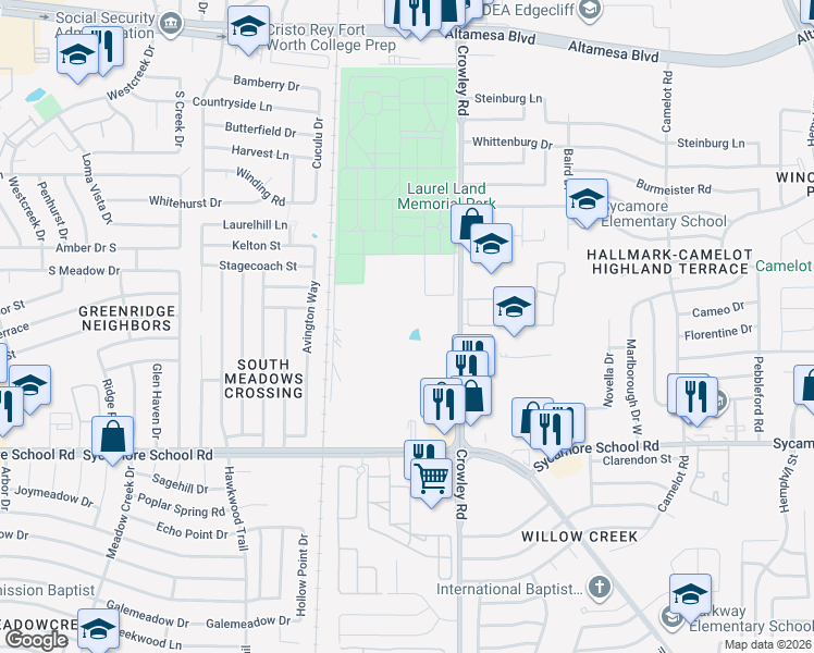 map of restaurants, bars, coffee shops, grocery stores, and more near 7560 Crowley Road in Fort Worth
