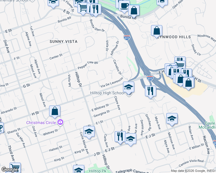 map of restaurants, bars, coffee shops, grocery stores, and more near in Chula Vista
