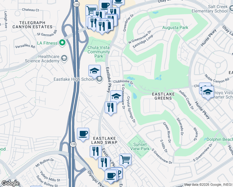 map of restaurants, bars, coffee shops, grocery stores, and more near 1176 Pacific Grove Loop in Chula Vista