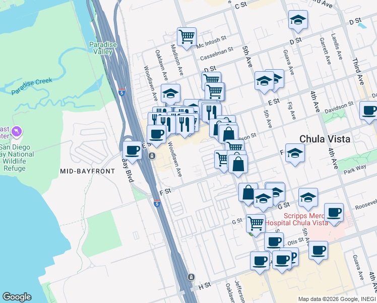 map of restaurants, bars, coffee shops, grocery stores, and more near 255 Woodlawn Avenue in Chula Vista
