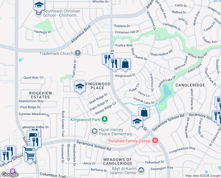 map of restaurants, bars, coffee shops, grocery stores, and more near 4605 Shell Ridge Drive in Fort Worth