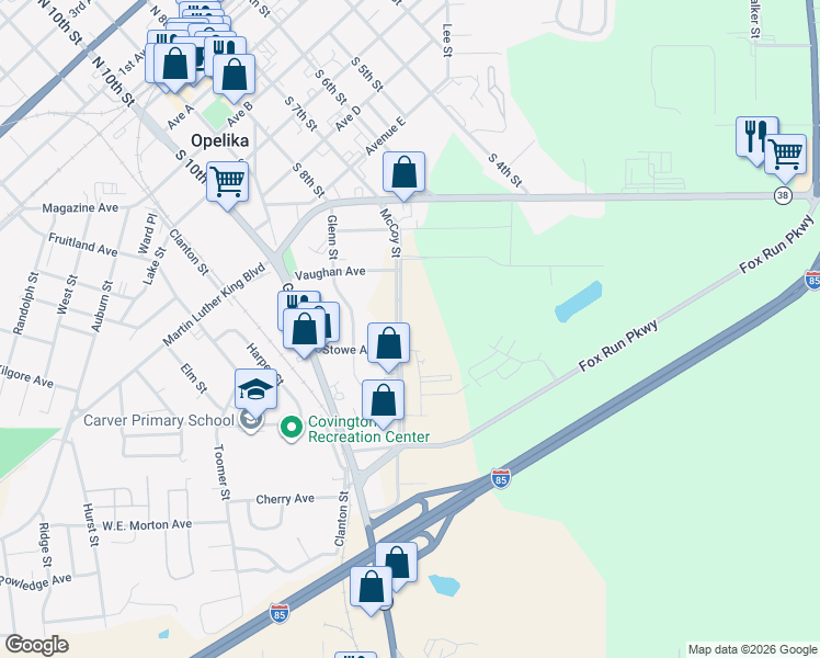 map of restaurants, bars, coffee shops, grocery stores, and more near 1555 McCoy Street in Opelika