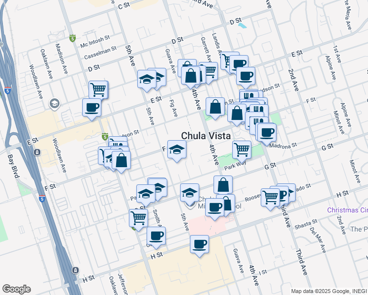 map of restaurants, bars, coffee shops, grocery stores, and more near 335 Brightwood Avenue in Chula Vista