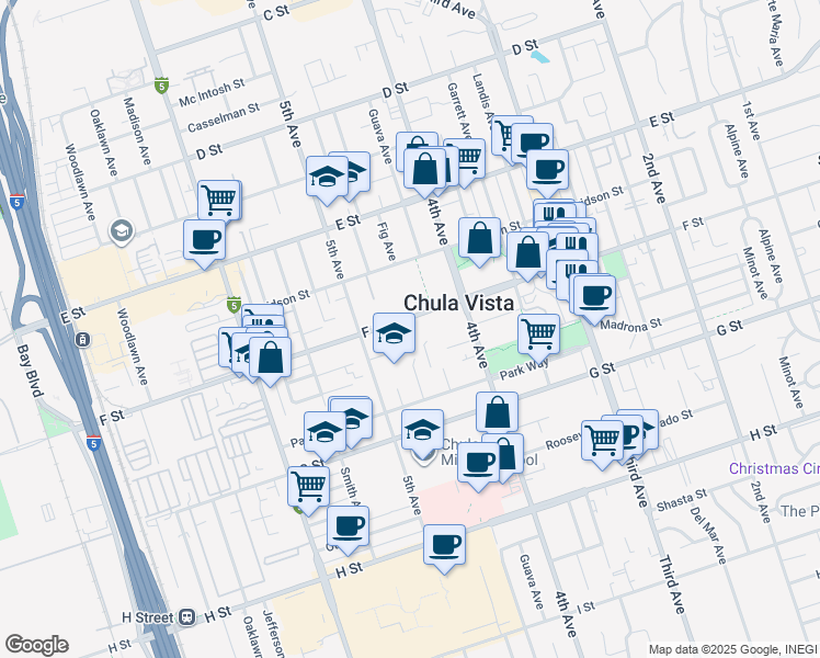 map of restaurants, bars, coffee shops, grocery stores, and more near 335 Brightwood Avenue in Chula Vista