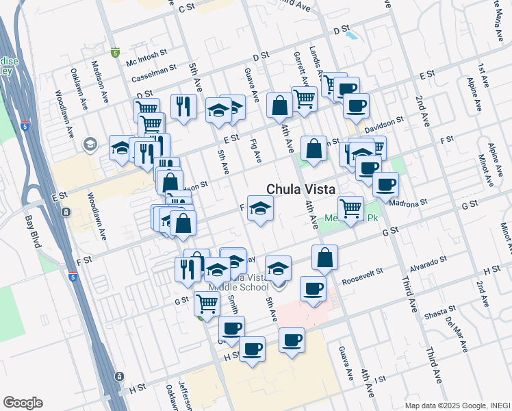 map of restaurants, bars, coffee shops, grocery stores, and more near 483 Center Street in Chula Vista