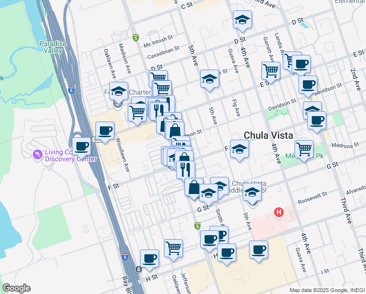 map of restaurants, bars, coffee shops, grocery stores, and more near 286 Ash Avenue in Chula Vista