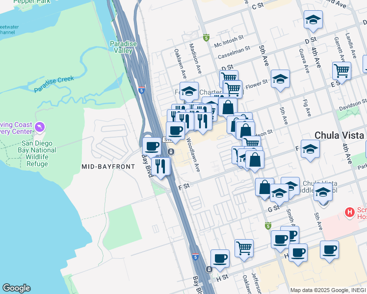map of restaurants, bars, coffee shops, grocery stores, and more near 240 Woodlawn Avenue in Chula Vista