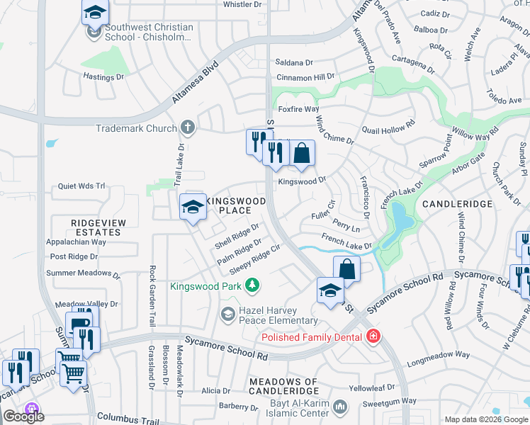 map of restaurants, bars, coffee shops, grocery stores, and more near 4605 Shell Ridge Drive in Fort Worth