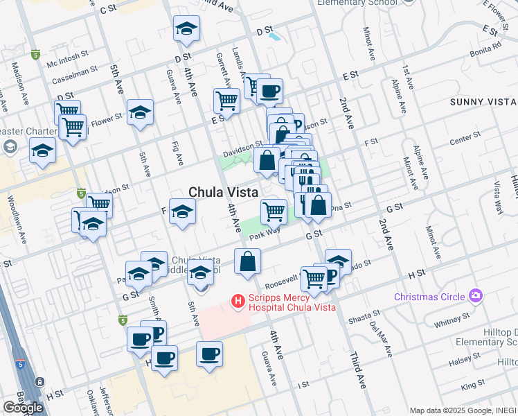 map of restaurants, bars, coffee shops, grocery stores, and more near 376 Center Street in Chula Vista