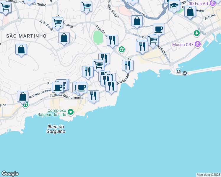 map of restaurants, bars, coffee shops, grocery stores, and more near 153 Estrada Monumental in Funchal